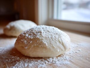 A smooth ball of dough, dusted with powdered sugar, ready for making marshmallow fondant.