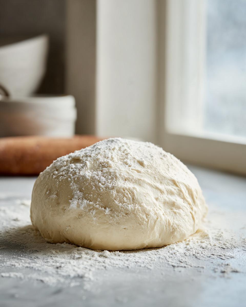 A smooth ball of dough dusted with flour, ready for rolling out in the Marshmallow fondant recipe.