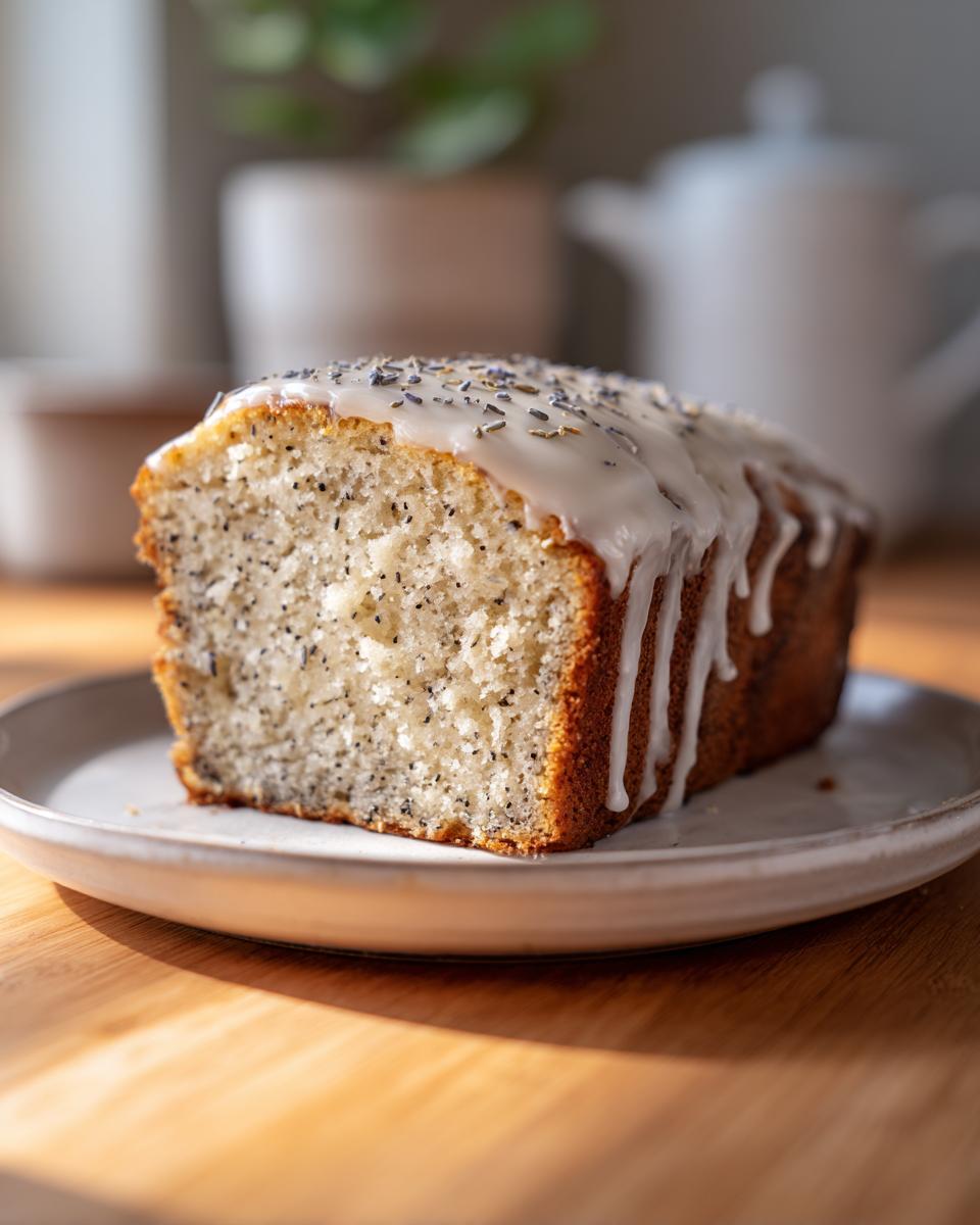Close-up of a slice of Earl Grey lavender loaf cake topped with white glaze and dried lavender.