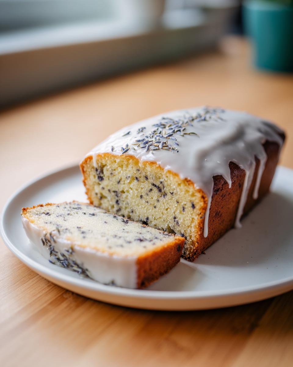 A slice cut from an Earl Grey lavender loaf cake topped with white glaze and dried lavender buds.