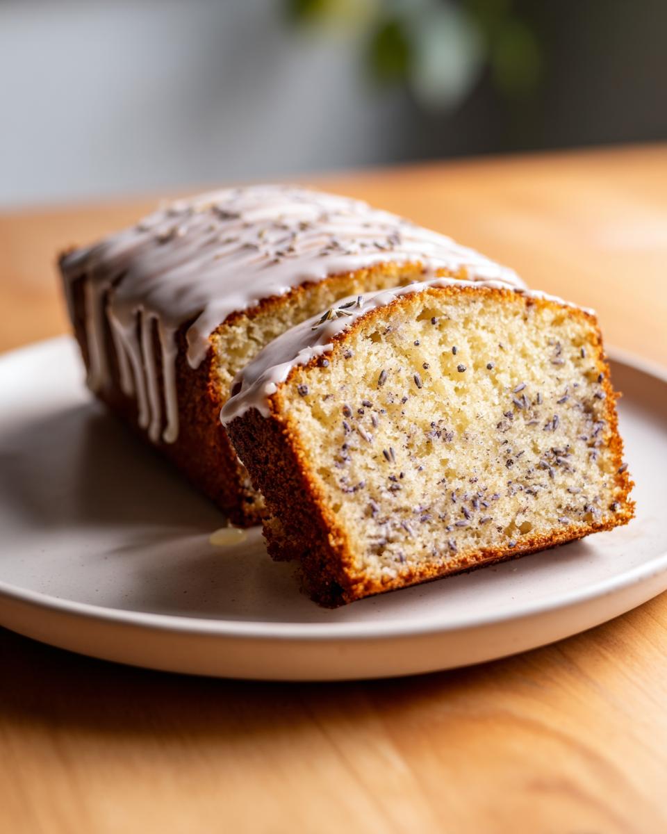 A close-up of a sliced Earl Grey lavender loaf cake drizzled with white icing and sprinkled with lavender buds.