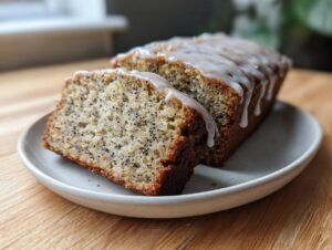 A close-up of a sliced Earl Grey lavender loaf cake topped with a white glaze, showing poppy seeds in the crumb.