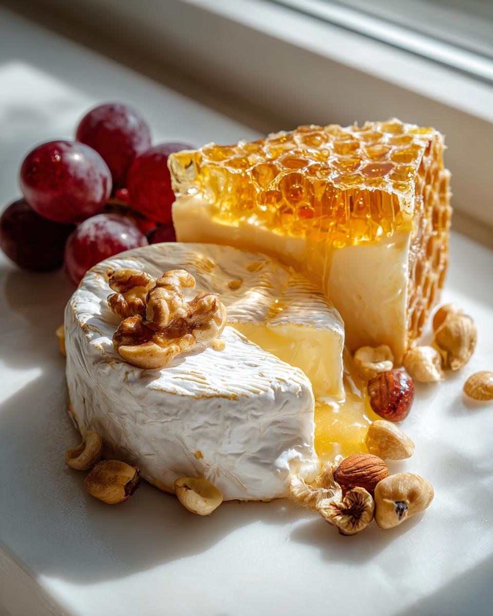 A wedge of soft cheese topped with walnuts, served next to a large piece of honeycomb and red grapes for an effortless cheese plate with honeycomb.