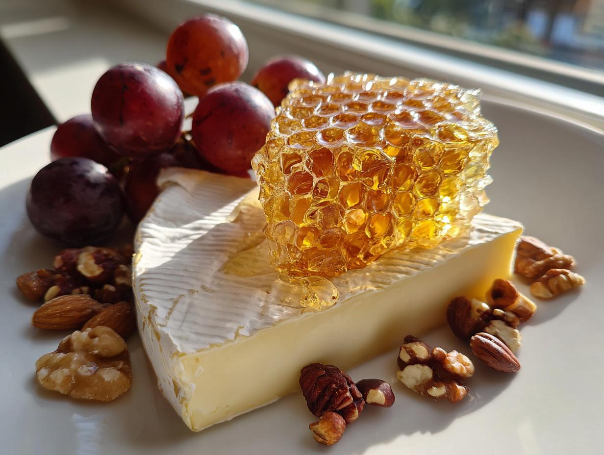 A wedge of Brie cheese topped with a piece of honeycomb, served with red grapes and mixed nuts for an effortless cheese plate with honeycomb.