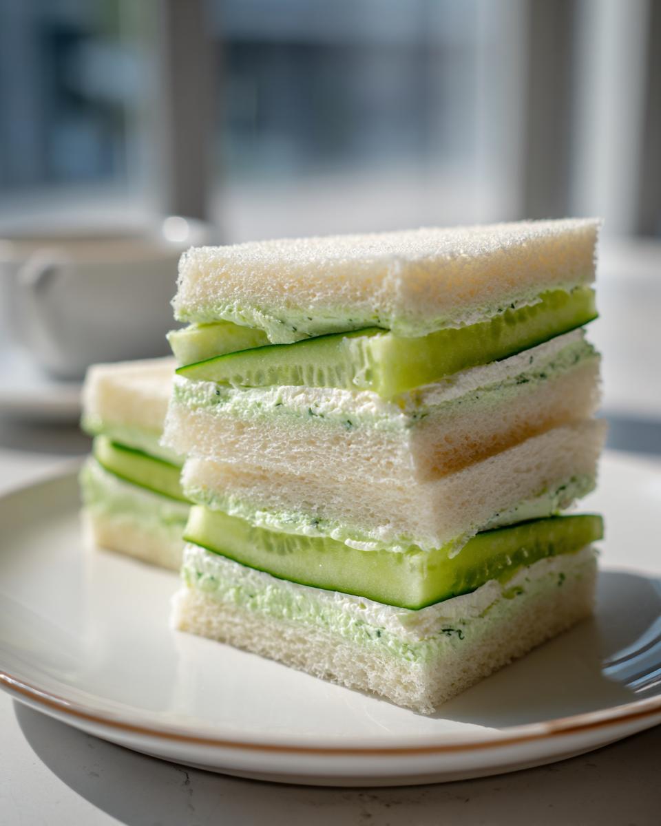 A stack of four crustless cucumber sandwiches featuring cream cheese spread and thin cucumber slices.