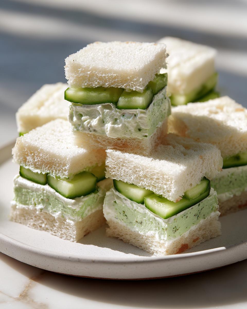 A stack of crustless, square cucumber sandwiches filled with cream cheese and fresh cucumber slices.