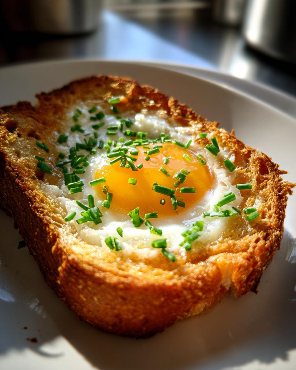 Close-up of a golden brown Egg in a Hole topped with fresh chopped chives.