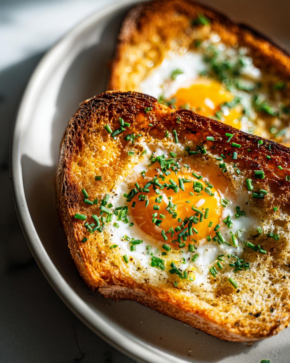 Close-up of a golden-brown Egg in a Hole topped with fresh green chives on a light plate.
