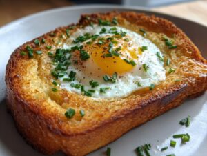 Close-up of a golden brown Egg in a Hole topped with a sunny-side-up egg and fresh chopped chives.