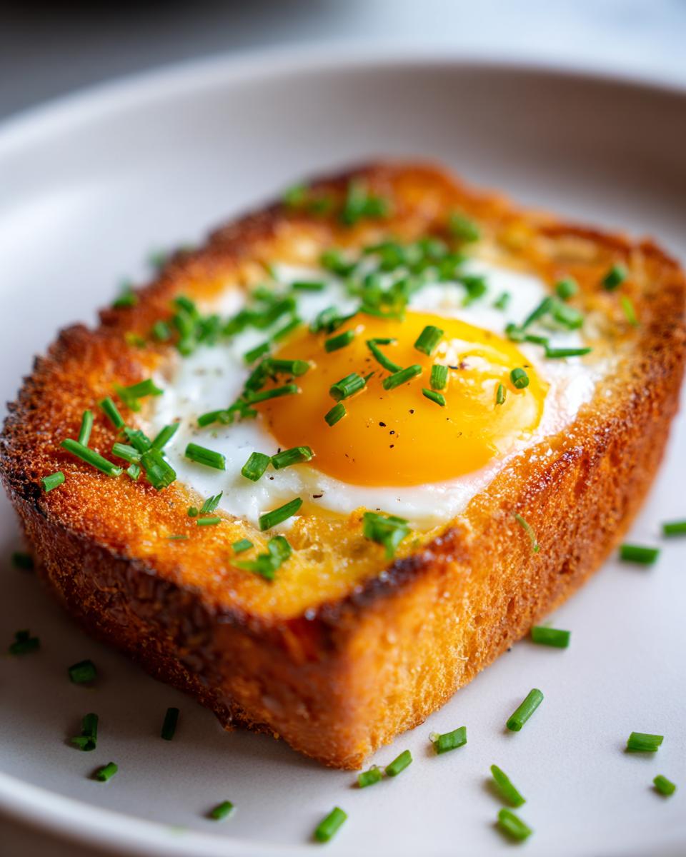 Close-up of a golden brown Egg in a Hole topped with a sunny-side-up egg and fresh chives.