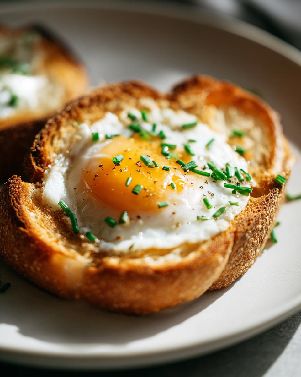 Close-up of a golden brown Egg in a Hole topped with fresh chopped chives and pepper.