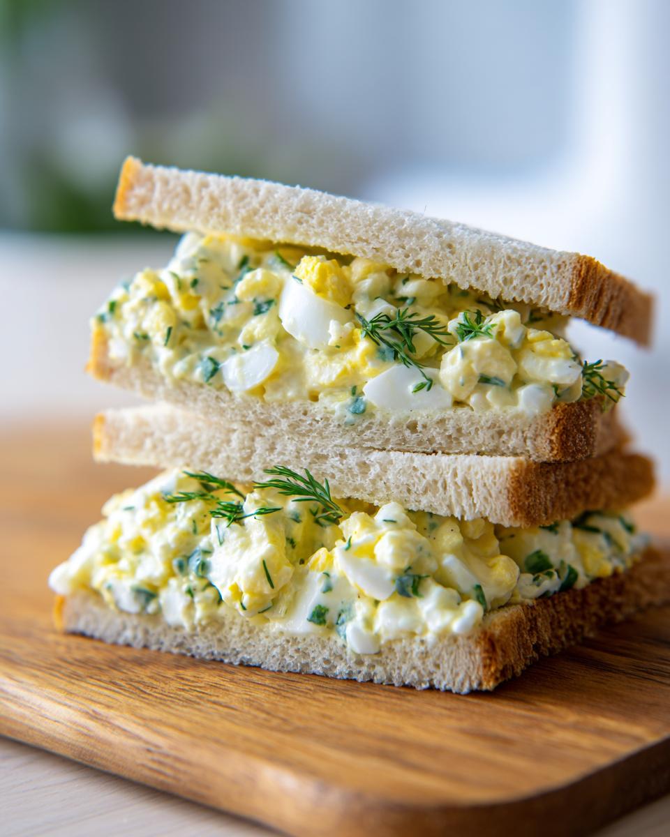 Two halves of an egg salad sandwich stacked on a wooden board, filled with creamy egg salad and fresh herbs.