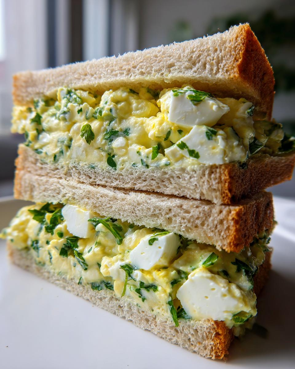 Two halves of a thick egg salad sandwich stacked, showing creamy filling with chunks of egg white and fresh green herbs.