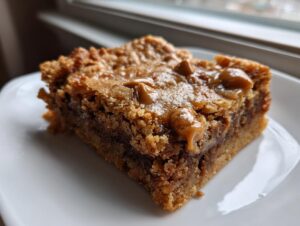 A close-up, featured image of a single, thick slice of rich, chewy butterscotch blondies topped with melted butterscotch chips.