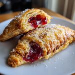 Two flaky cherry turnovers, one cut open to show the bright red filling, sprinkled generously with coarse sugar.