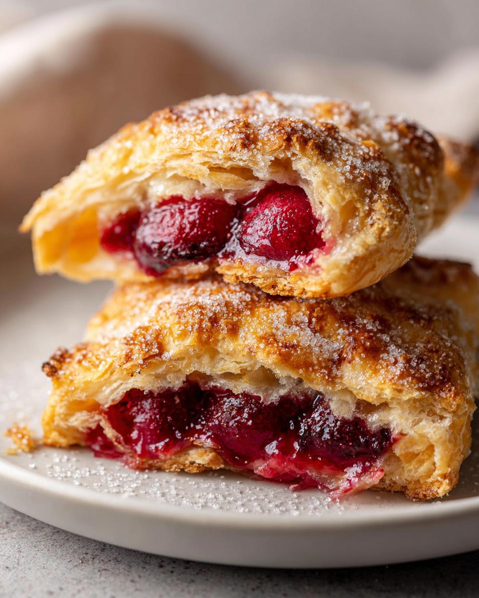 Close-up of two stacked cherry turnovers cut in half, revealing the bright red cherry filling and flaky pastry topped with sugar.