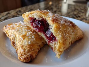 Two flaky, golden-brown cherry turnovers dusted with coarse sugar, one cut open to show the bright red cherry filling.