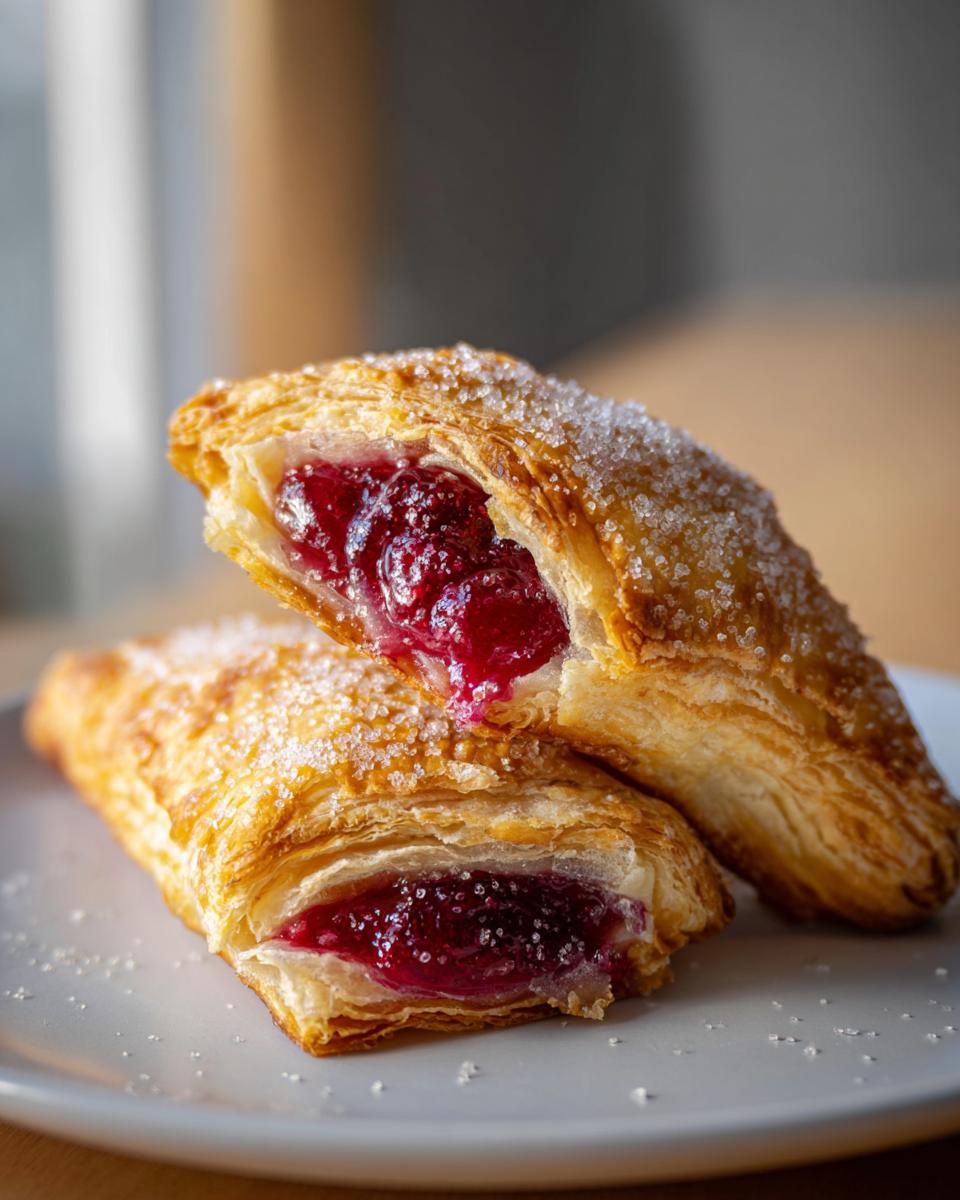Close-up of two halves of a flaky cherry turnover, showing the bright red cherry filling and sugared crust.