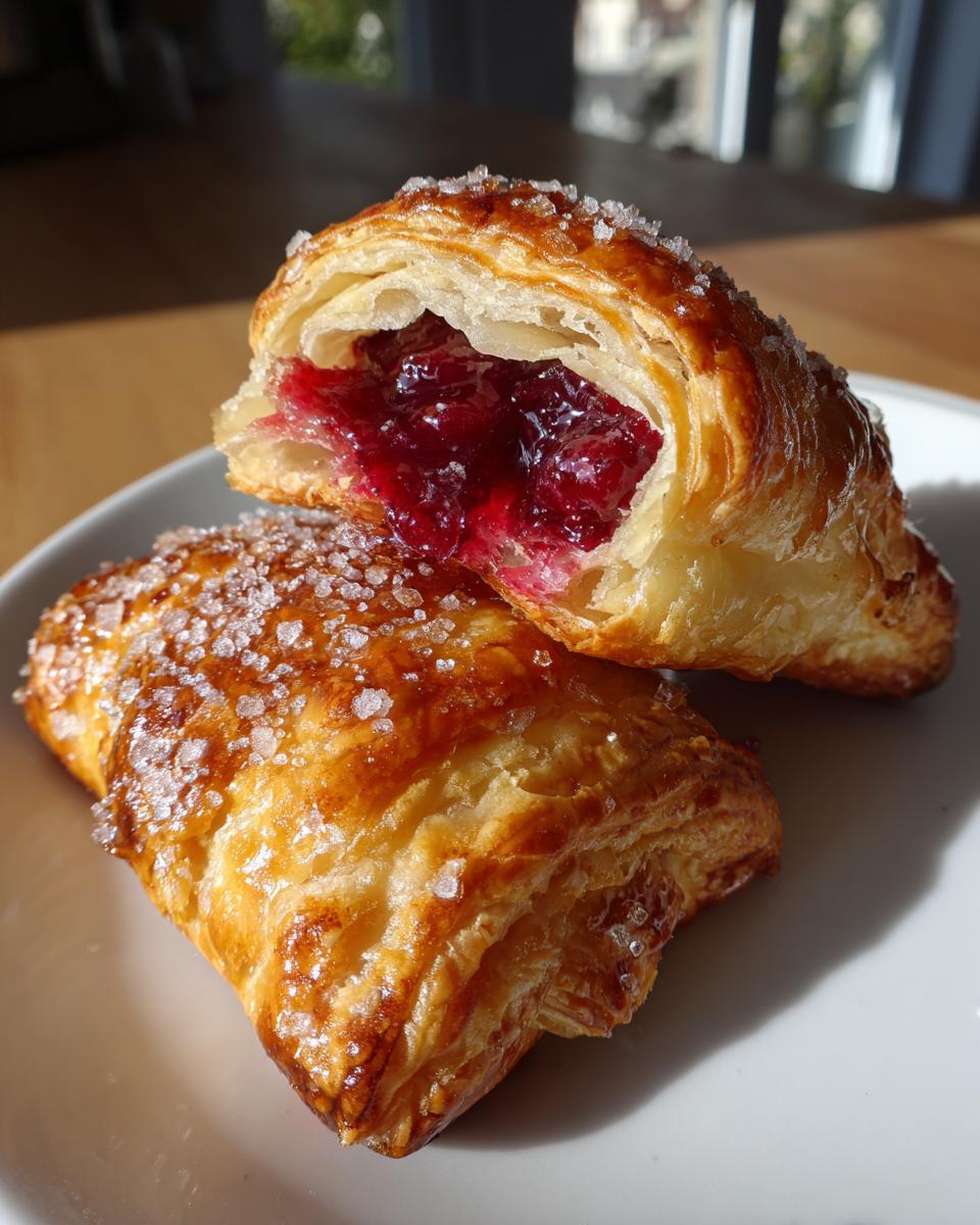 Two golden brown cherry turnovers, one cut open to show the bright red cherry filling, sprinkled with coarse sugar.