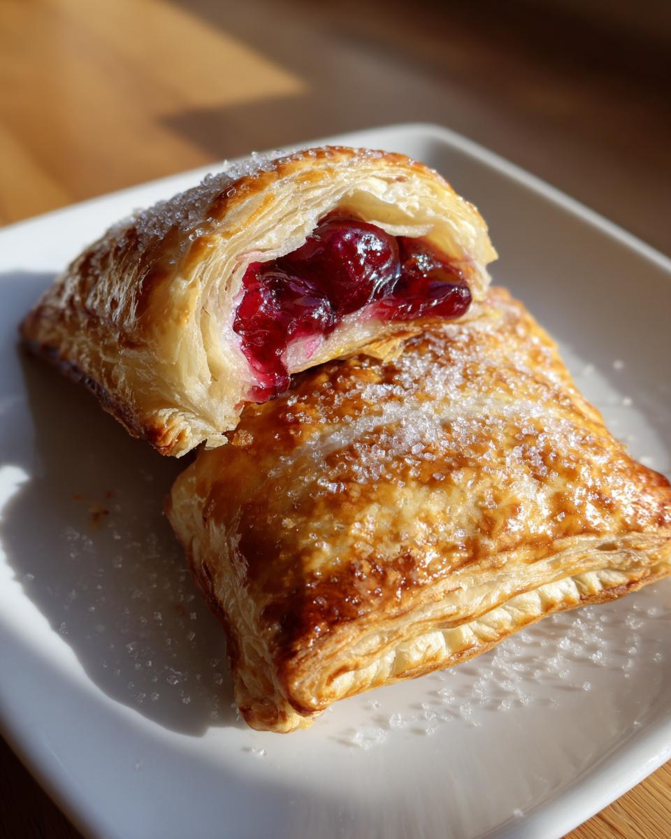 Close-up of two flaky cherry turnovers, one cut open revealing bright red cherry filling, sprinkled with coarse sugar.