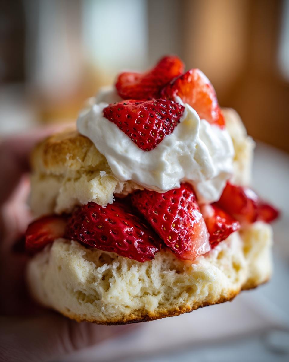 Close-up of a flaky strawberry shortcake biscuit split and filled with fresh strawberries and whipped cream.