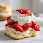 Close-up of a flaky strawberry shortcake biscuit topped generously with macerated strawberries and whipped cream.