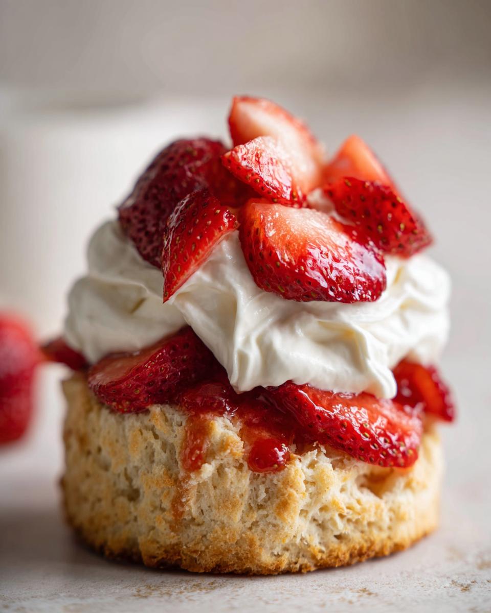 Close-up of a flaky strawberry shortcake biscuit topped with whipped cream and sliced, macerated strawberries.