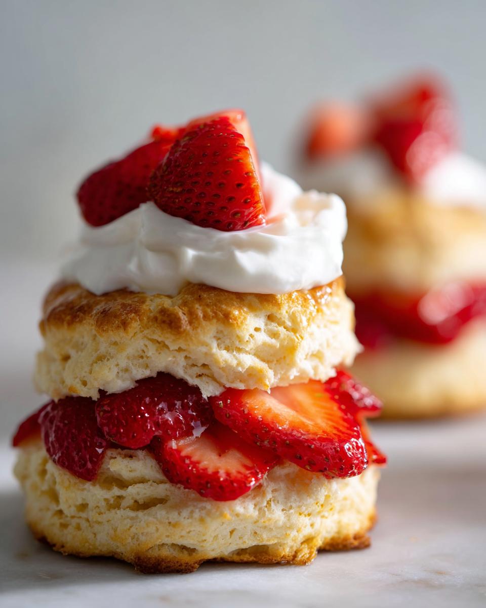 Close-up of a flaky strawberry shortcake biscuit layered with sliced strawberries and topped with whipped cream.