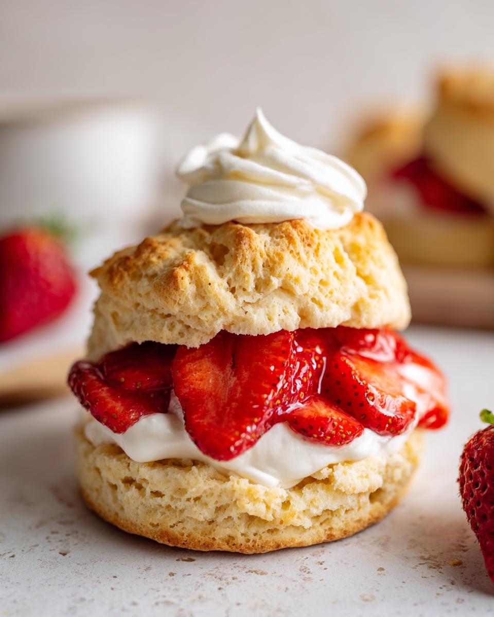 Close-up of a flaky strawberry shortcake biscuit split and filled with macerated strawberries and whipped cream.