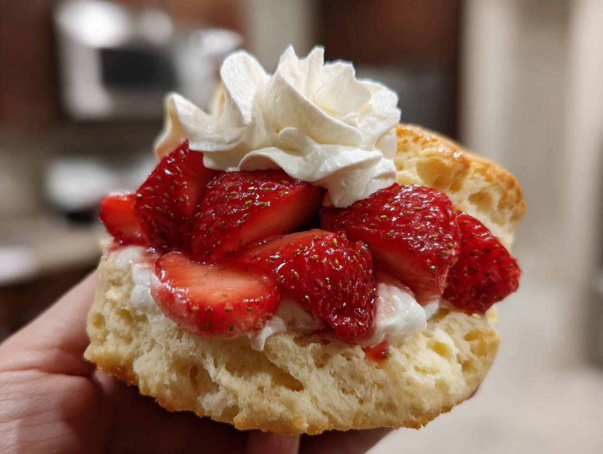 Close-up of a flaky strawberry shortcake biscuit topped with sliced strawberries and whipped cream, held by a hand.