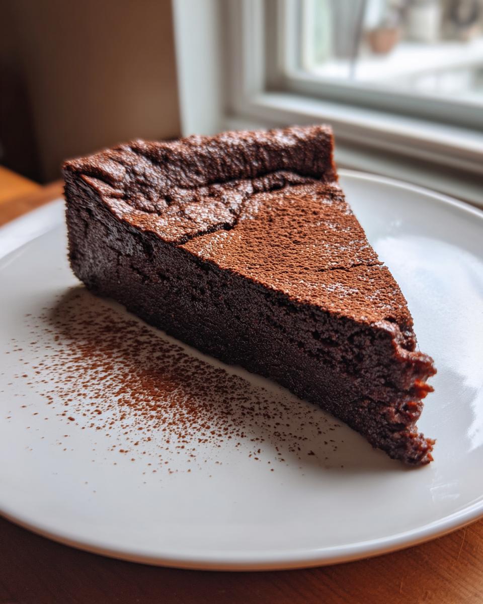 A dense, dark slice of flourless chocolate torte dusted lightly with cocoa powder, served on a white plate.