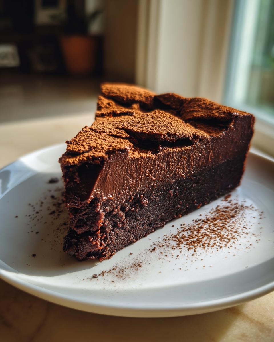 A rich, dense slice of flourless chocolate torte dusted heavily with cocoa powder, served on a white plate.