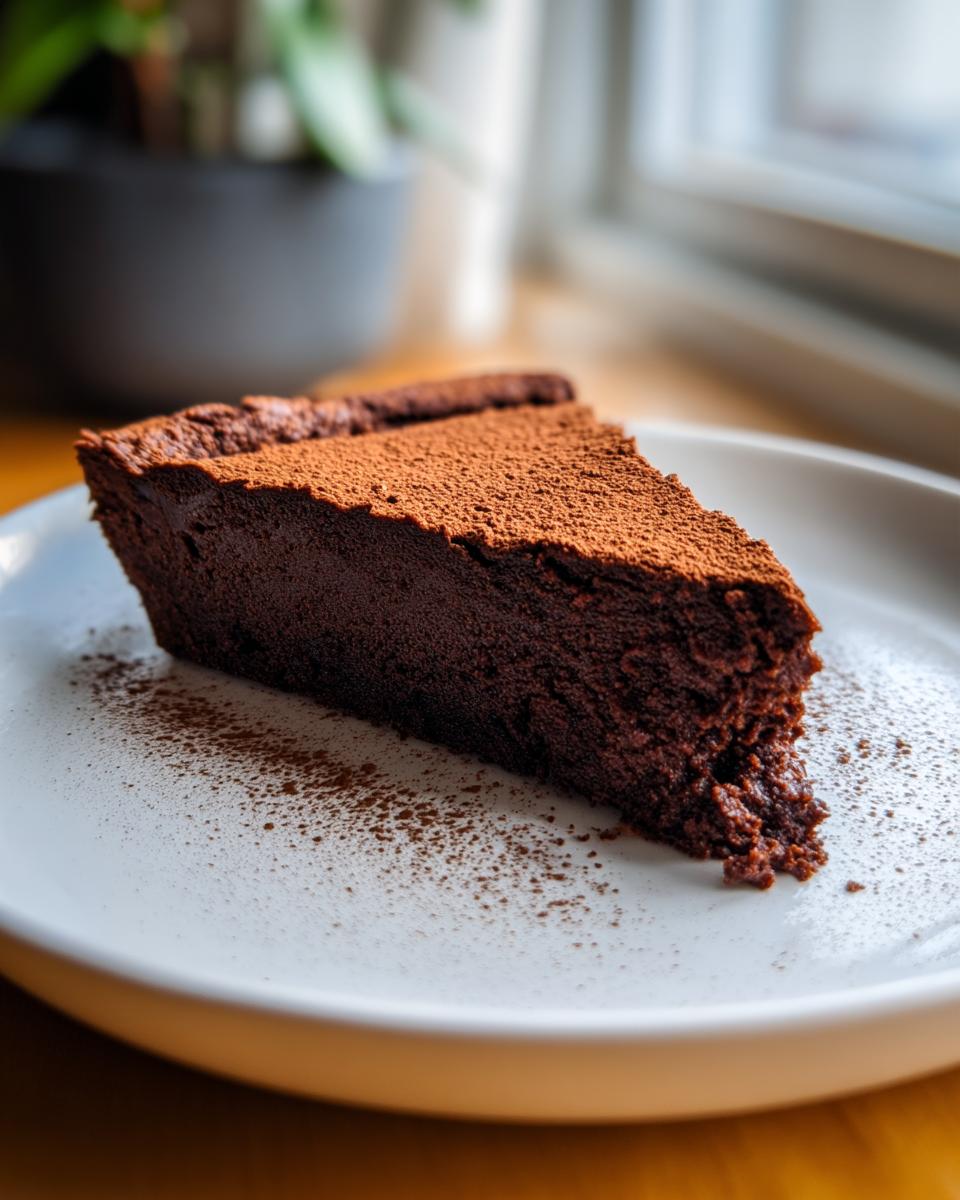 A thick, dense slice of Flourless chocolate torte dusted heavily with cocoa powder, resting on a white plate.