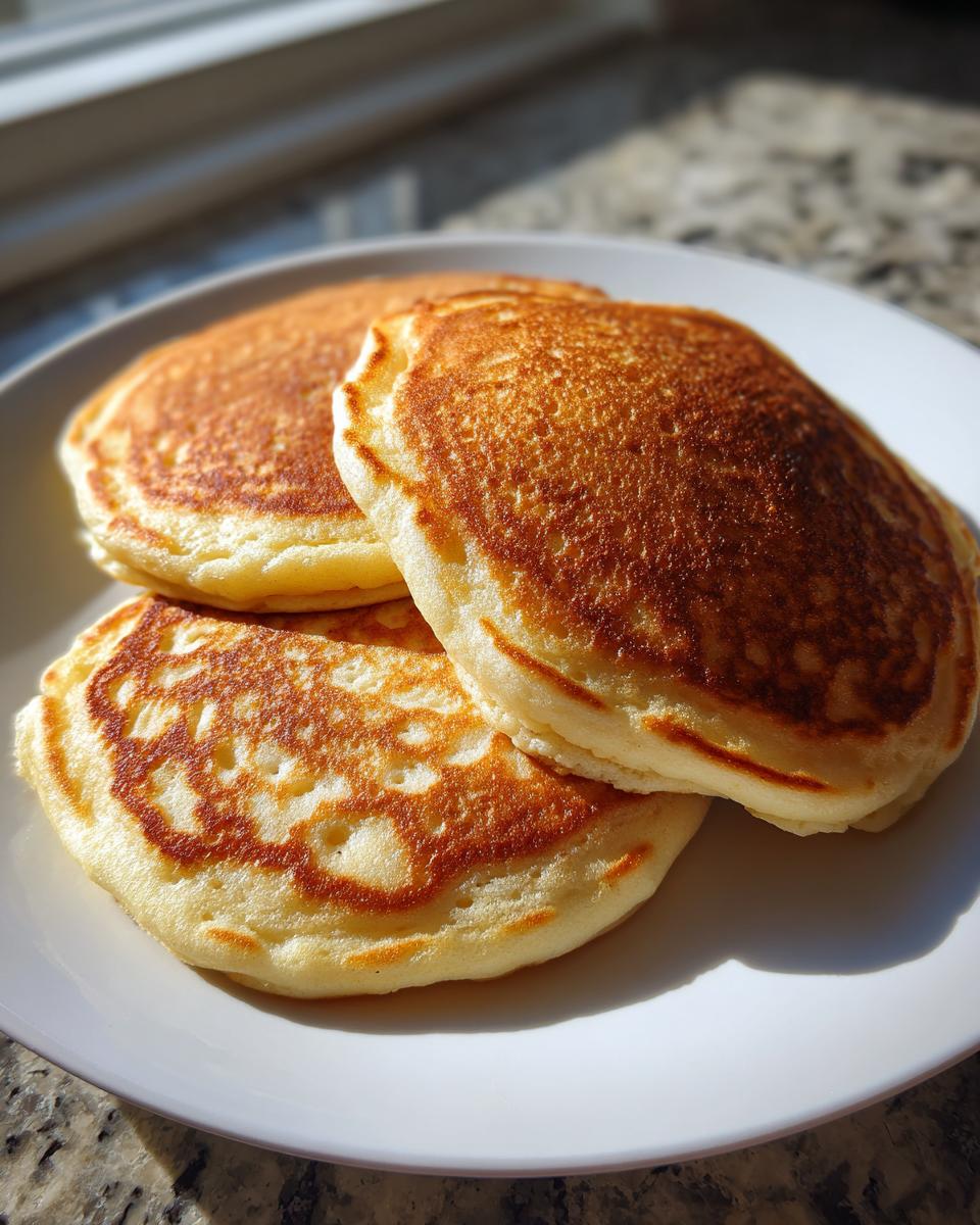 Three golden brown Applesauce pancake stacked on a white plate, lit by bright sunlight.