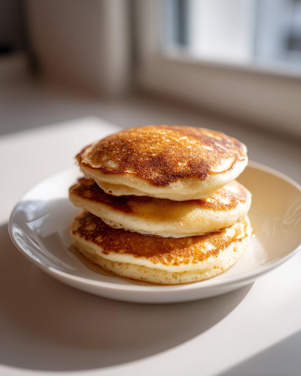 A stack of three golden brown Applesauce pancake served on a small white plate, lit by natural window light.