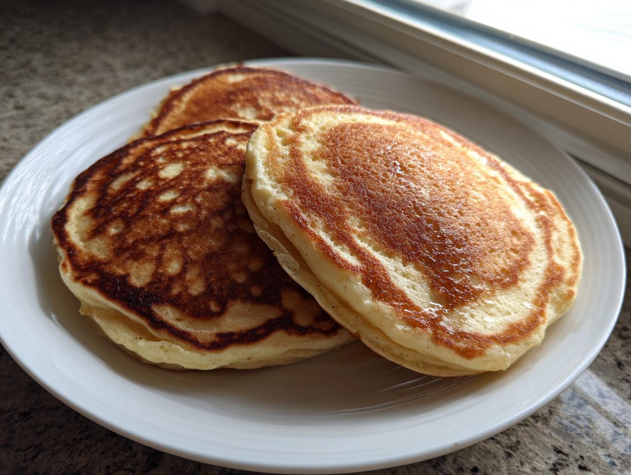 Three golden brown, fluffy Applesauce pancake stacked slightly on a white plate near a window.
