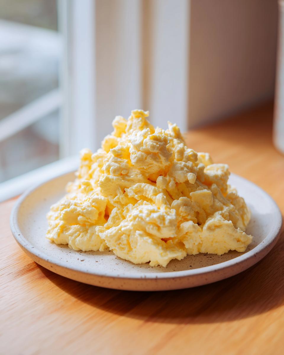 A mound of fluffy, creamy cottage cheese scrambled eggs served on a speckled white plate.