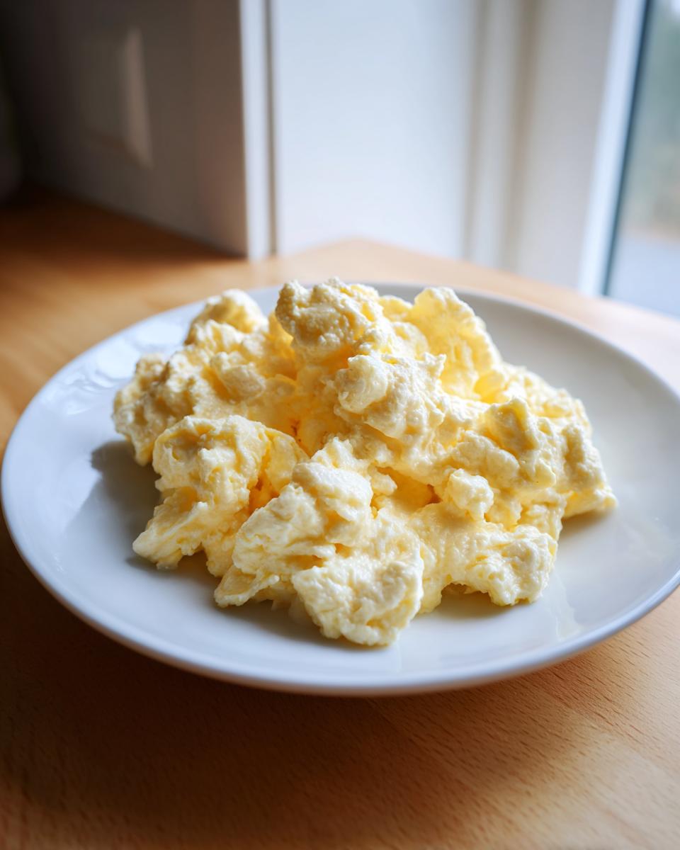 A serving of fluffy, pale yellow cottage cheese scrambled eggs piled on a small white plate.