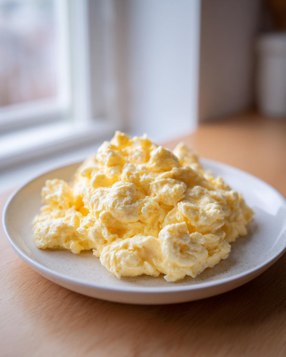 A generous serving of fluffy, pale yellow cottage cheese scrambled eggs piled high on a speckled white plate.