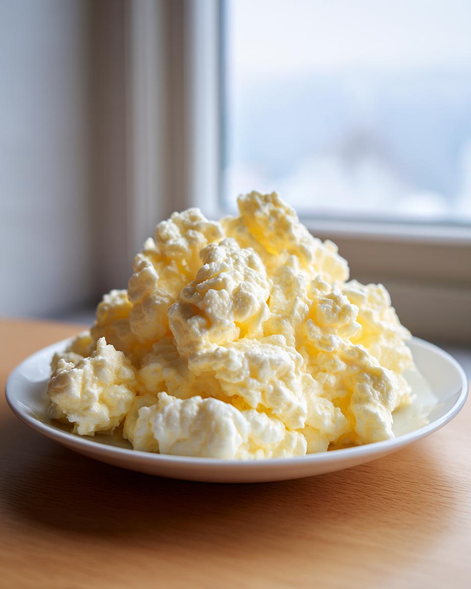 A close-up of fluffy, light yellow cottage cheese scrambled eggs piled high on a white plate.