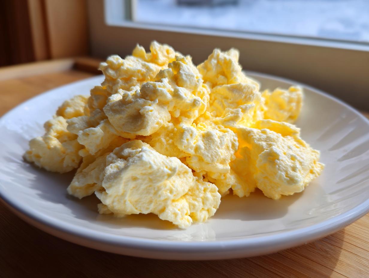 A serving of incredibly fluffy cottage cheese scrambled eggs piled high on a white plate near a window.