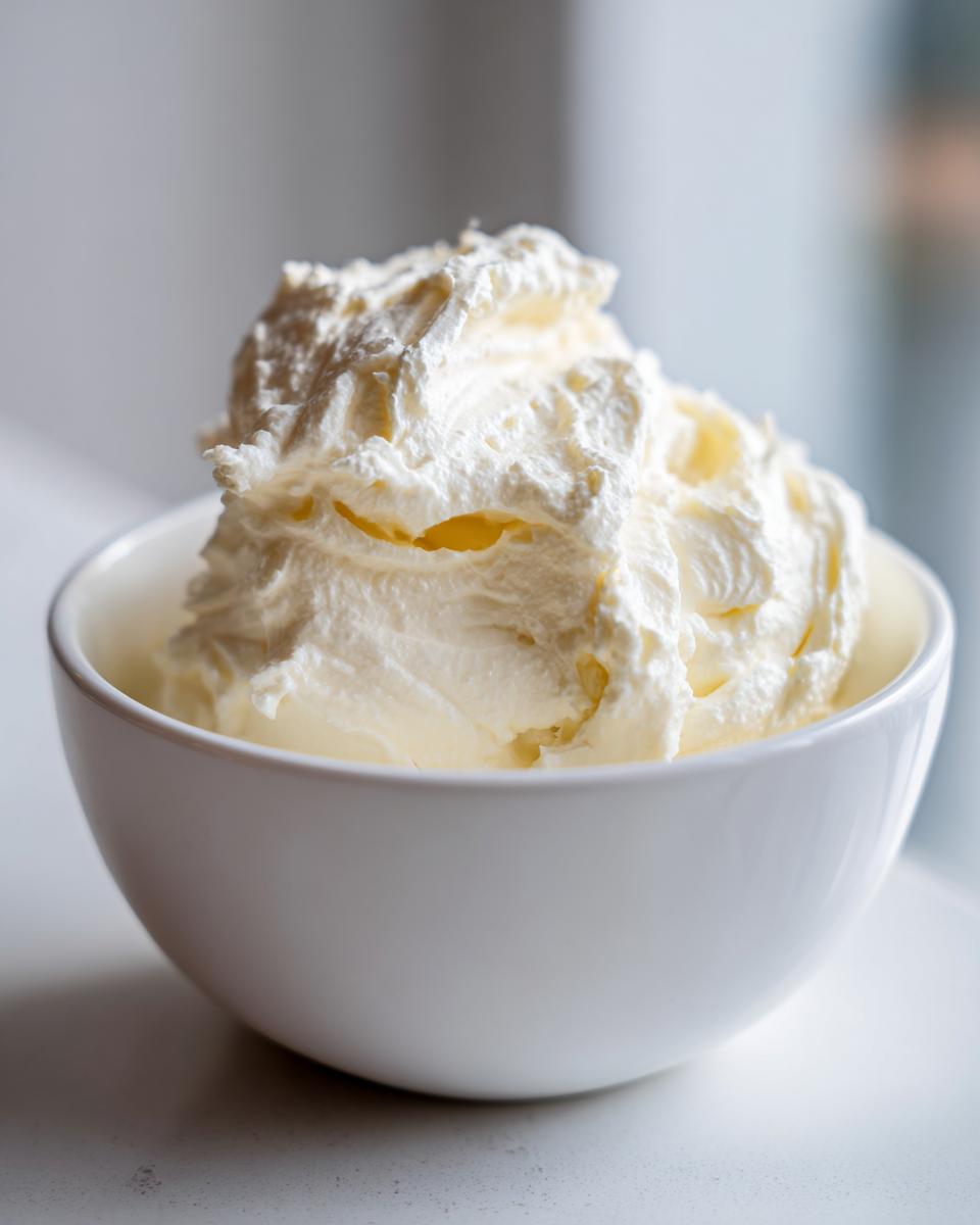 A close-up of fluffy, creamy Cottage cheese vanilla mousse piled high in a simple white bowl.