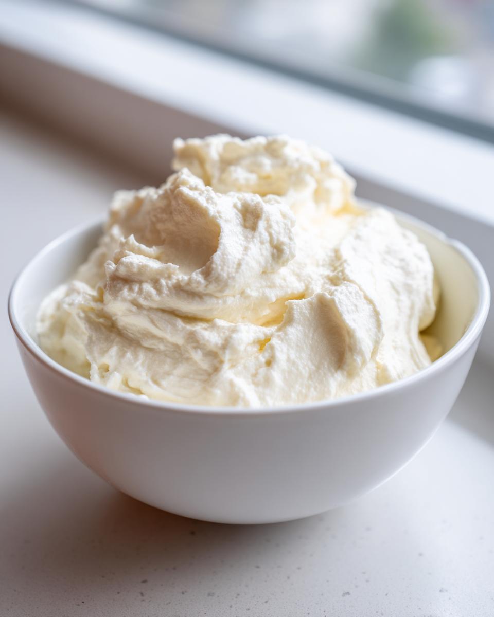 Close-up of fluffy, creamy Cottage cheese vanilla mousse filling a white bowl near a bright window.