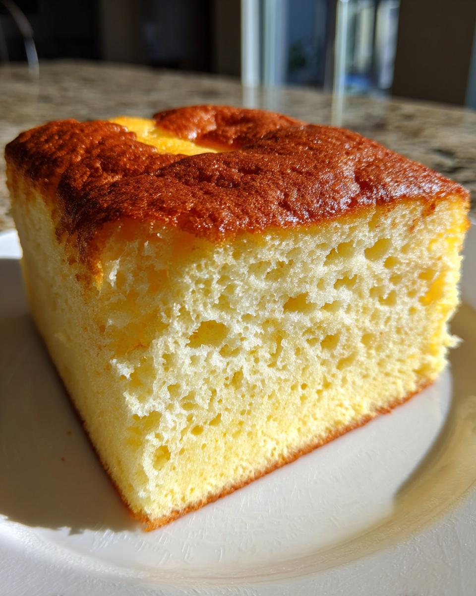 A close-up, side view of a thick, square slice of fluffy sheet pancakes with a golden-brown top.