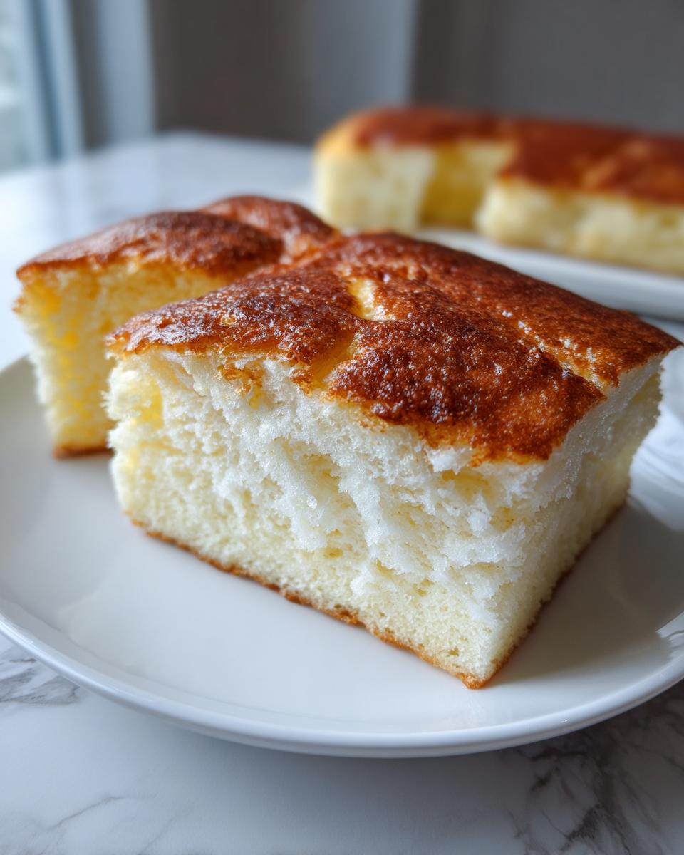Two thick, fluffy slices of sheet pancakes with a deeply browned, slightly crisp top, served on a white plate.