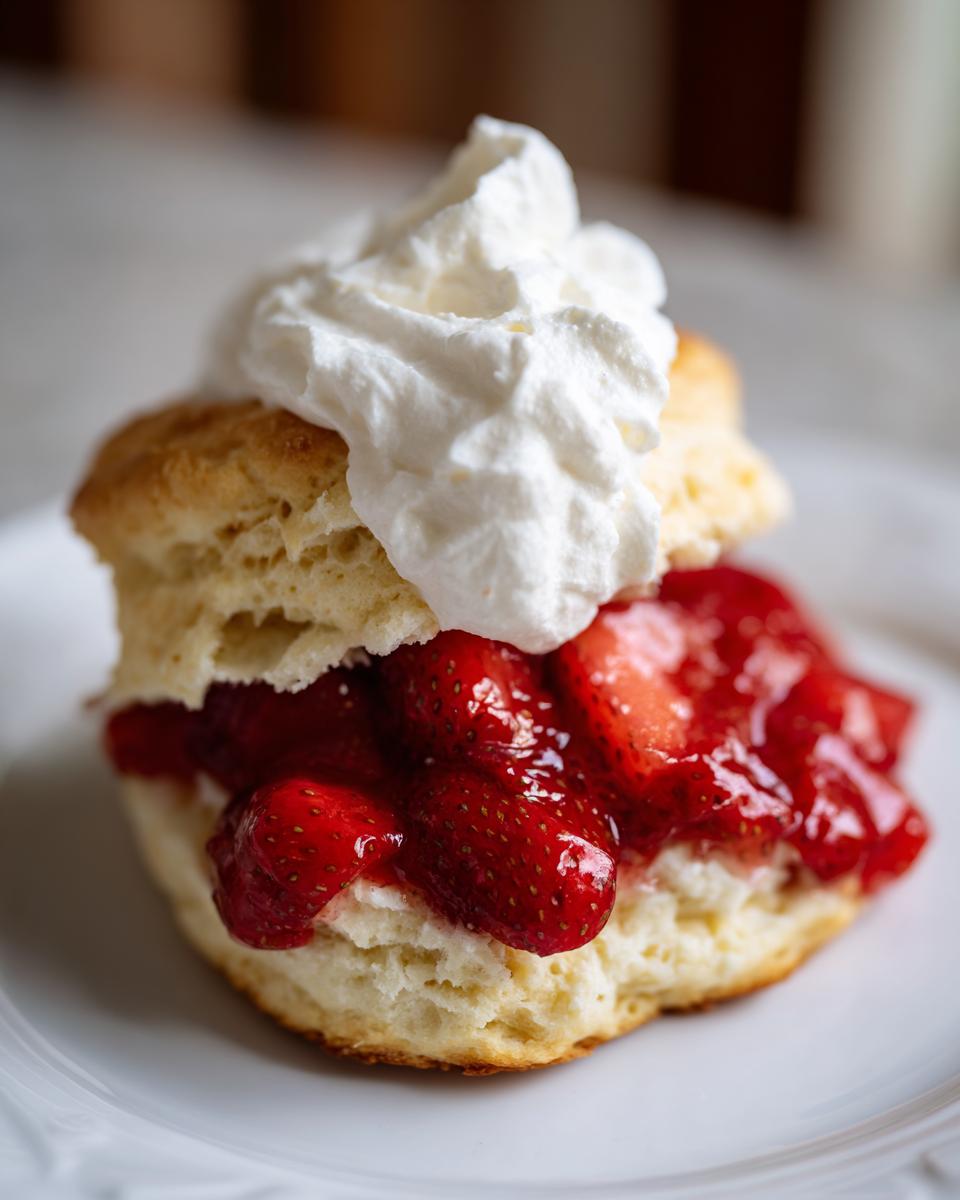 Close-up of a fluffy biscuit filled with macerated strawberries and topped with whipped cream for strawberries and cream shortcake.
