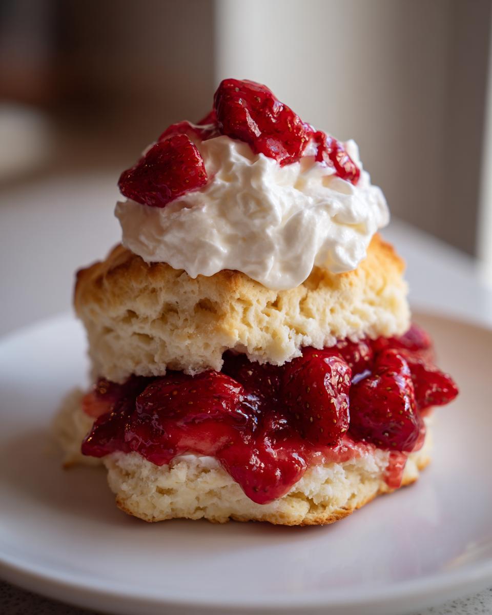 A close-up of a fluffy biscuit layered with macerated strawberries and topped with whipped cream, perfect Strawberries and cream shortcake.