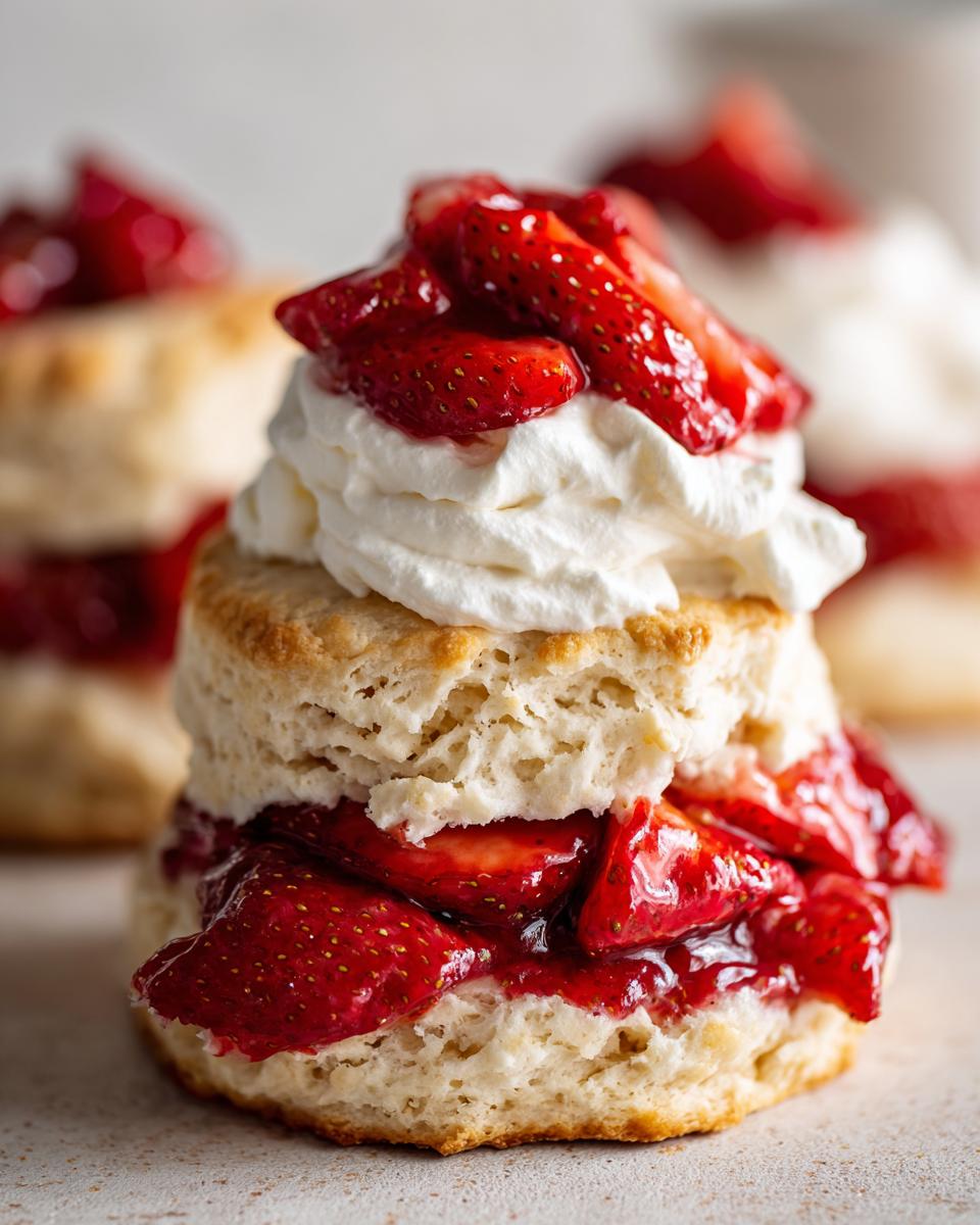 A close-up of a fluffy biscuit layered with macerated strawberries and topped with whipped cream for strawberries and cream shortcake.