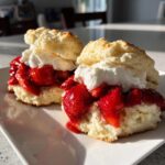 Two servings of fluffy Strawberries and cream shortcake piled high with macerated strawberries and whipped cream on a white plate.