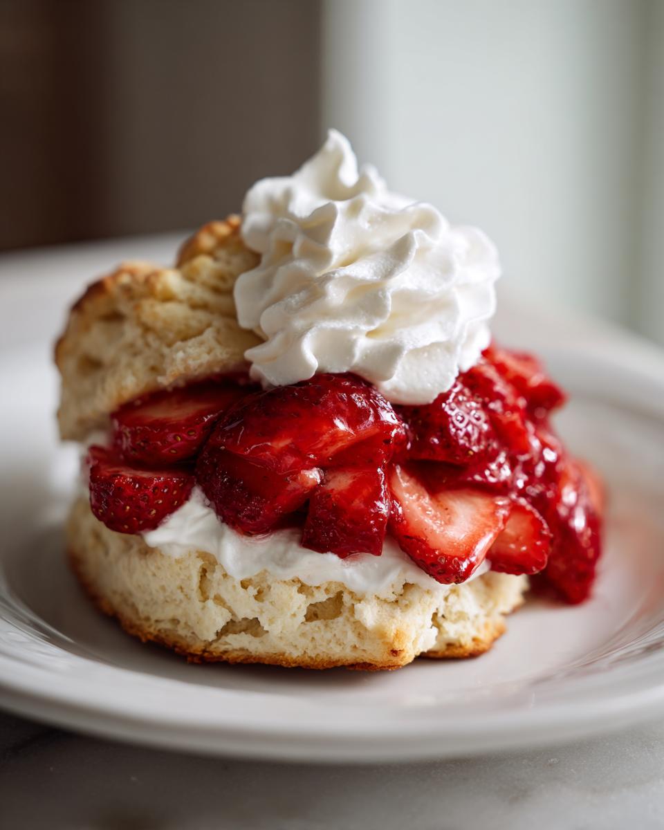 Close-up of a fluffy Strawberries and cream shortcake layered with macerated strawberries and topped with whipped cream.